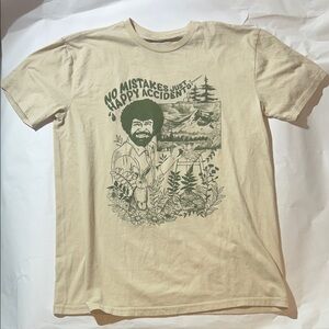 Bob Ross ‘No Mistakes Just Happy Accidents’ Cream/Green Graphic T-Shirt